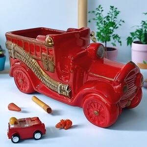 Vintage Fire Truck Planter Ceramic Red Kids Room Firetruck Nursery Decor Storage